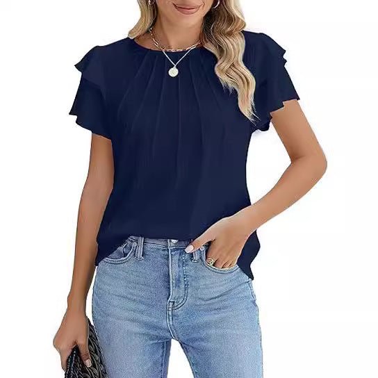 Summer Pleated Short Sleeve Round Neck Top Business Work Shirt - Maison Elène