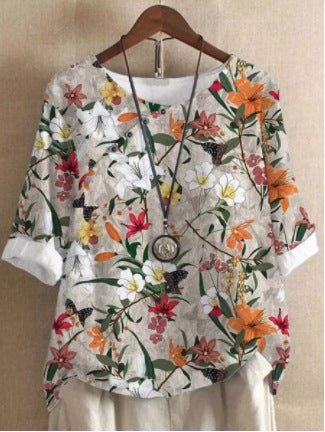 Women's Fashionable Retro Printed Cotton And Linen Short - sleeved T-shirt - Maison Elène