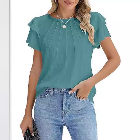 Summer Pleated Short Sleeve Round Neck Top Business Work Shirt - Maison Elène