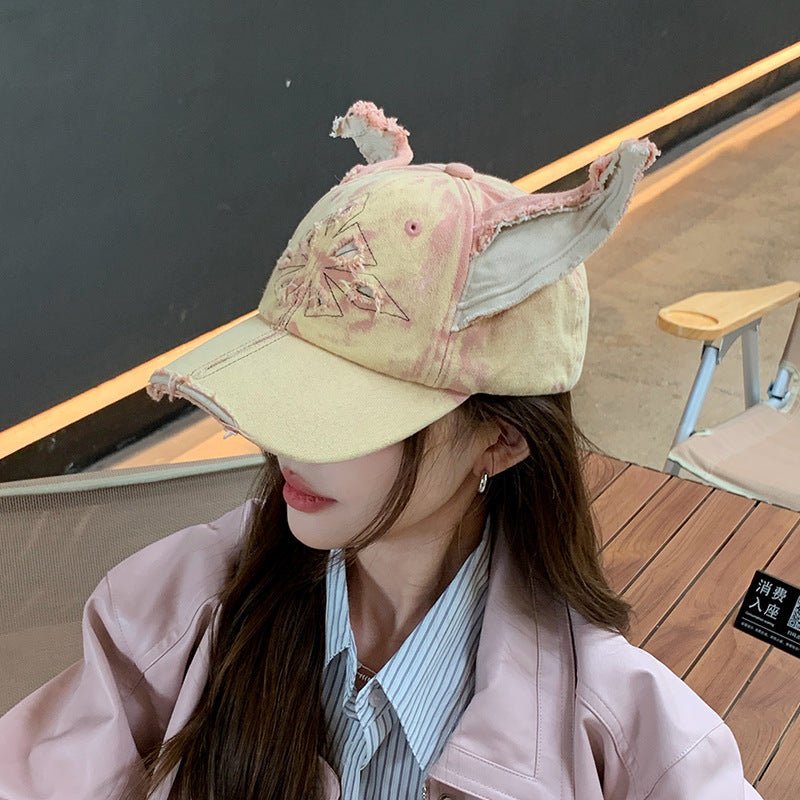 Waste Soil Wind Y2g Doberman Ear Baseball Cap Worn Looking Washed - out Denim - Maison Elène