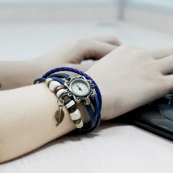 Beautiful Bohemian Style Retro Handmade Leather Tree Leaf Women's Watches Blue - GlucklichgoodsLLC