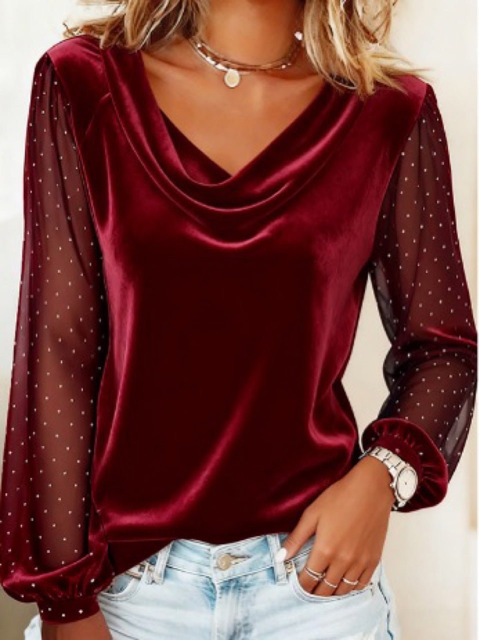 Women's Long Sleeve V - neck Velvet T-Shirt Women Elegant Diamond Mesh Sleeve Loose Tee Tops Christmas Clothes Women Shirt Red - Maison Elène