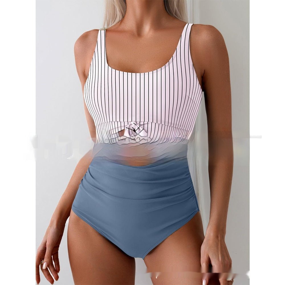 One - piece Female Stitching Contrast Color Strap Covered Belly Swimsuit - Maison Elène