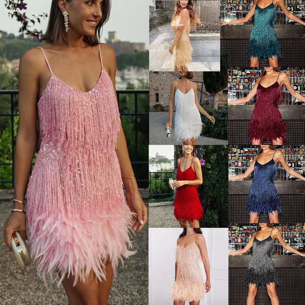 Sexy Tassel Sequins Feather Summer Mini Dress Women V Neck Spaghetti Strap Stitching Dresses Female Elegant Evening Party Club Dress - Maison Elène