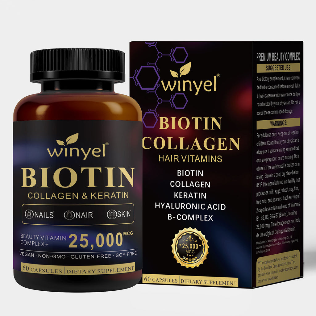 Biotin Collagen Hyaluronic Acid Keratin - Support Normal Hair Growth Cycle - Skin & Nails - 25000mcg Vitamins B1, B2, B3, B6 & B7 - For Women & Men 60 Capsules - Maison Elène