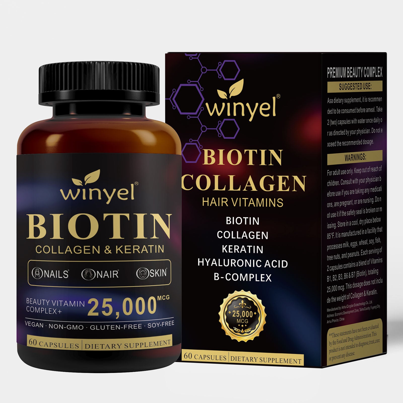Biotin Collagen Hyaluronic Acid Keratin - Support Normal Hair Growth Cycle - Skin & Nails - 25000mcg Vitamins B1, B2, B3, B6 & B7 - For Women & Men 60 Capsules - Maison Elène