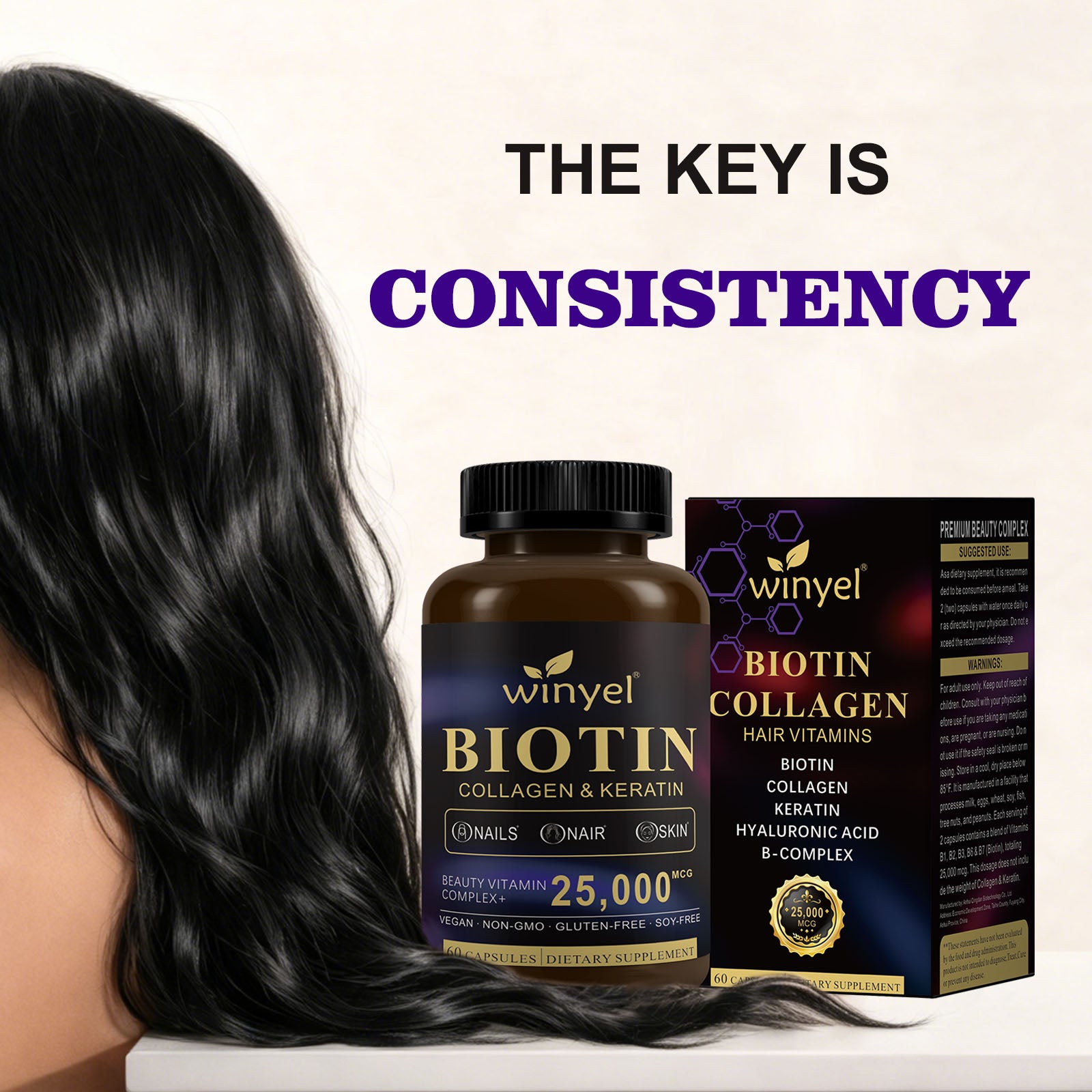 Biotin Collagen Hyaluronic Acid Keratin - Support Normal Hair Growth Cycle - Skin & Nails - 25000mcg Vitamins B1, B2, B3, B6 & B7 - For Women & Men 60 Capsules - Maison Elène