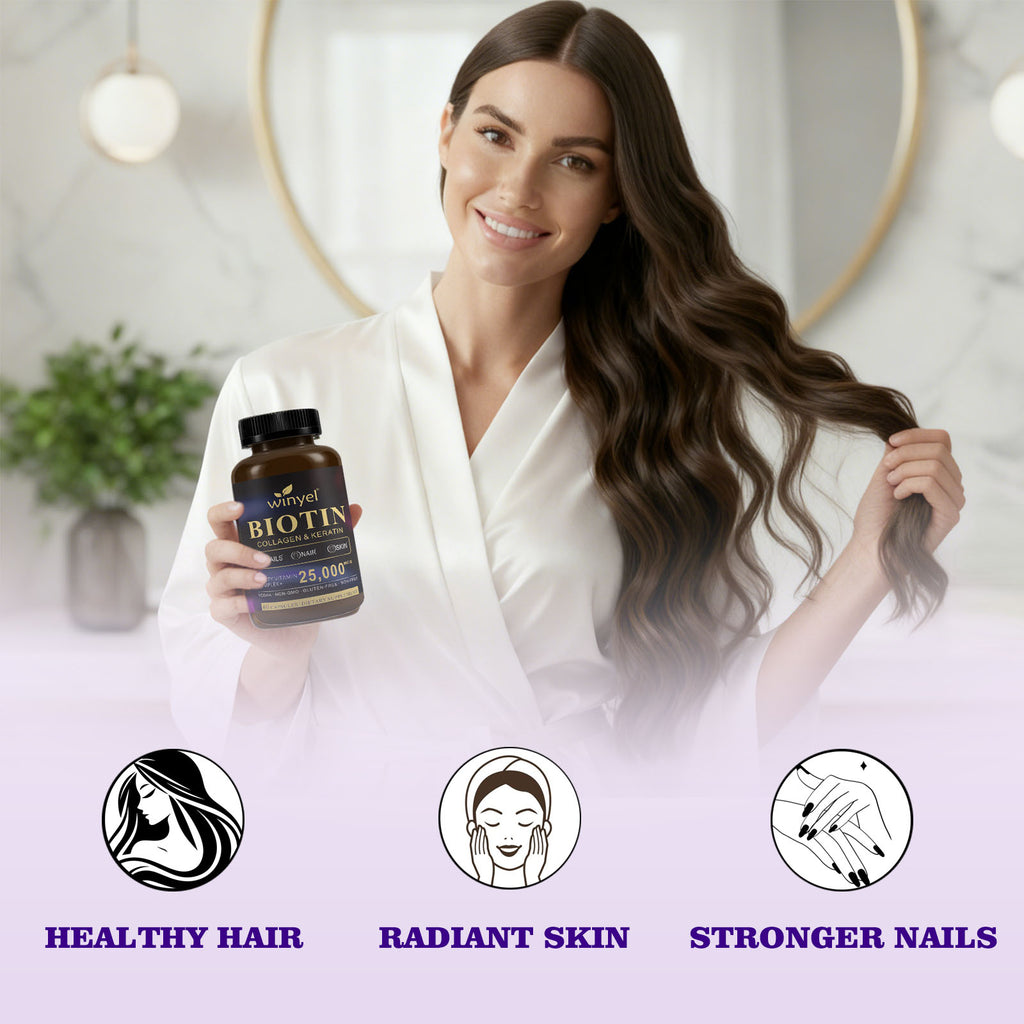 Biotin Collagen Hyaluronic Acid Keratin - Support Normal Hair Growth Cycle - Skin & Nails - 25000mcg Vitamins B1, B2, B3, B6 & B7 - For Women & Men 60 Capsules - Maison Elène