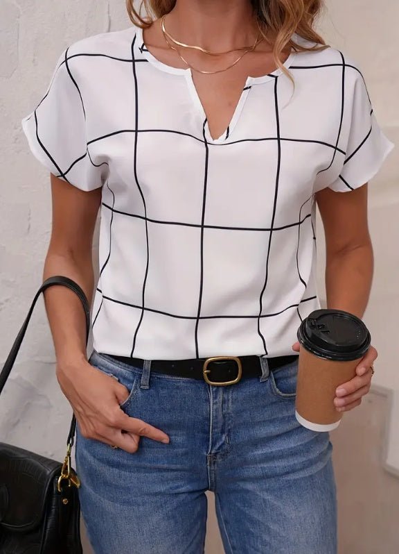 Plaid Print Notched Neck Blouse, Casual Short Sleeve Blouse For Spring & Summer, Women's Clothing - Maison Elène