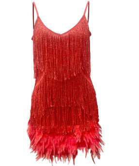 Sexy Tassel Sequins Feather Summer Mini Dress Women V Neck Spaghetti Strap Stitching Dresses Female Elegant Evening Party Club Dress - Maison Elène