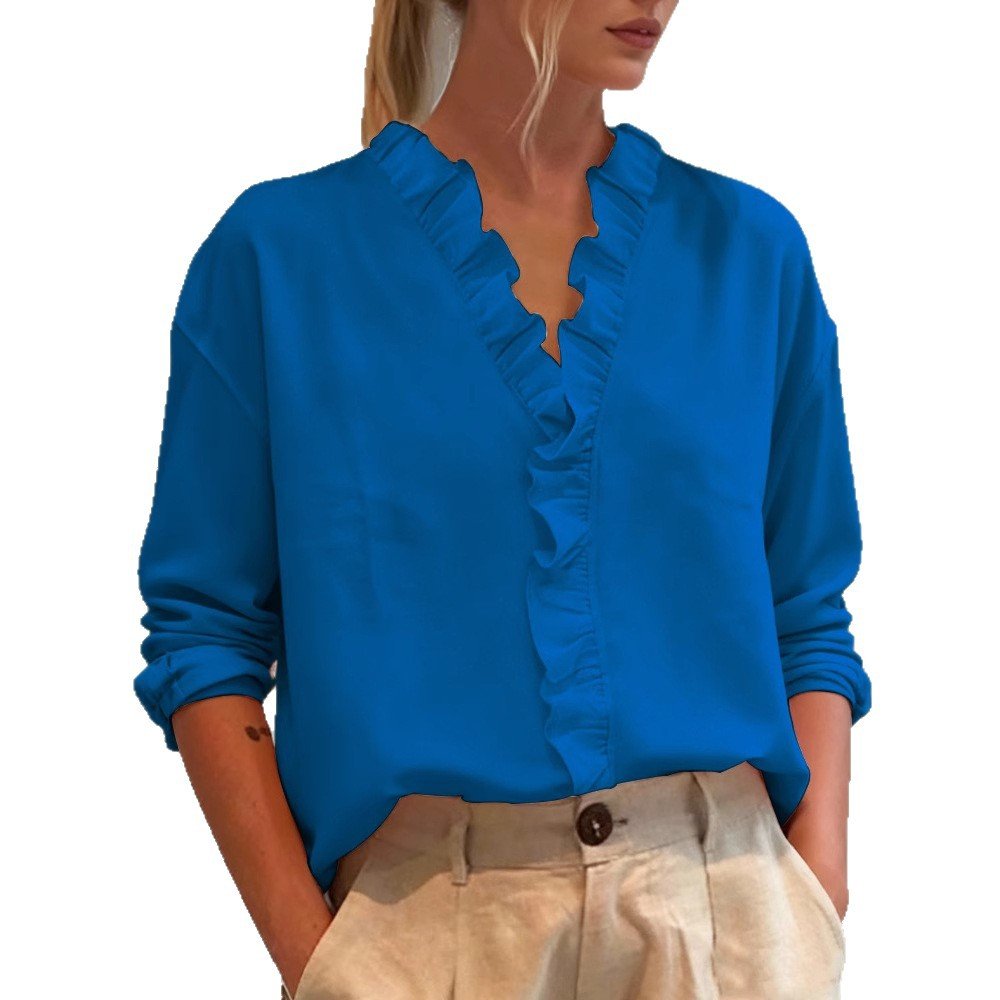 Womens Casual Long - sleeve V - neck Blouse With Lace Trim - Maison Elène