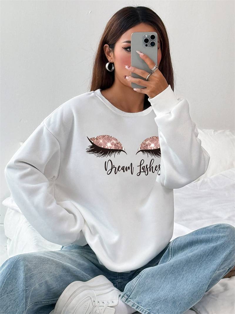 Women's Top Dream Lashes Sparkle Sweatshirt - Premium Oversized White Crewneck Graphic Pullover for Women only for US - Maison Elène