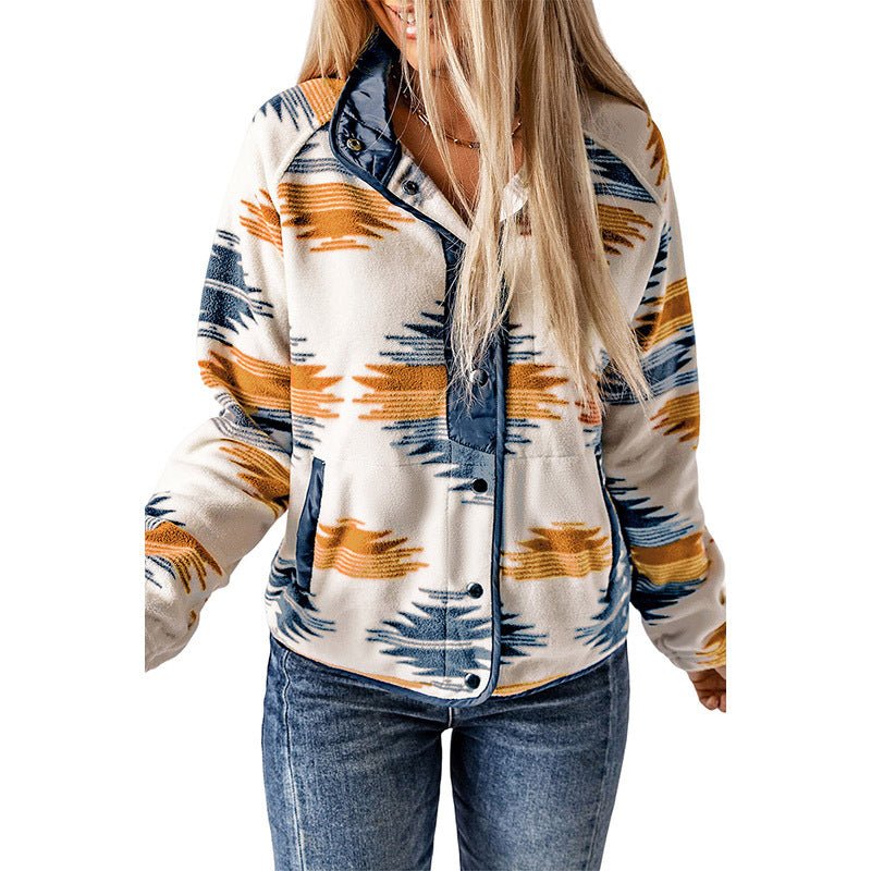 Winter Women's Printed Cardigan Jacket Fashion Color Contrast Fleece Coat - GlucklichgoodsLLC