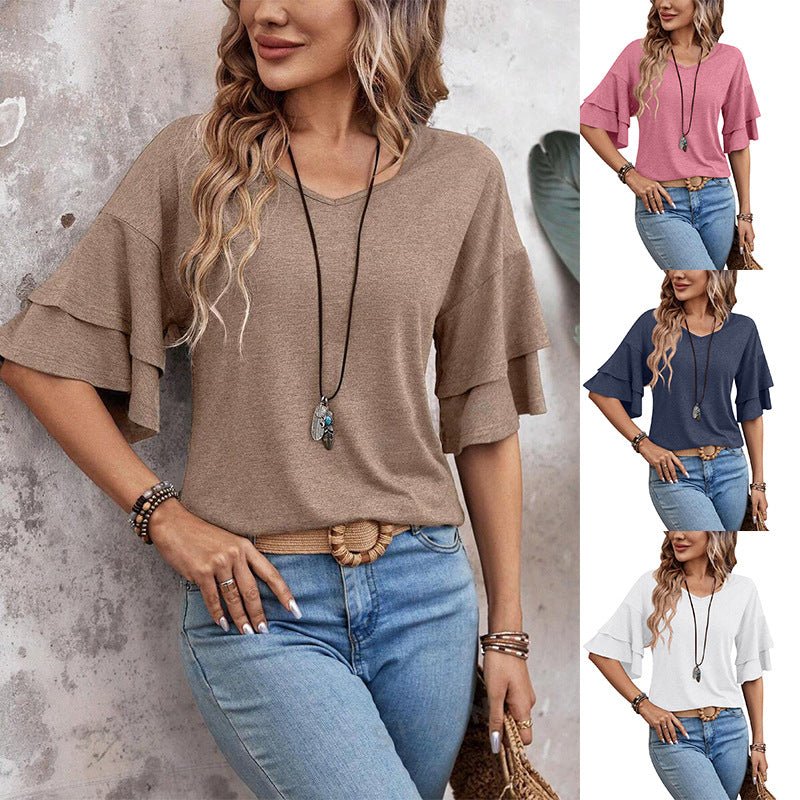 Loose V - neck Ruffle Sleeve T-shirt Fashion Solid Mid - sleeve Tops Women's Clothing - Maison Elène