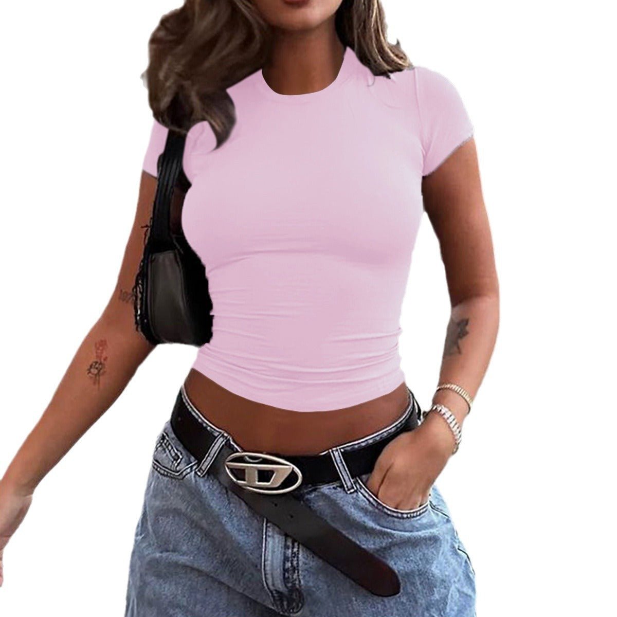 Spring And Summer Solid Color Top Waist Trimming Short Slim Fit Midriff - baring T-shirt - Maison Elène