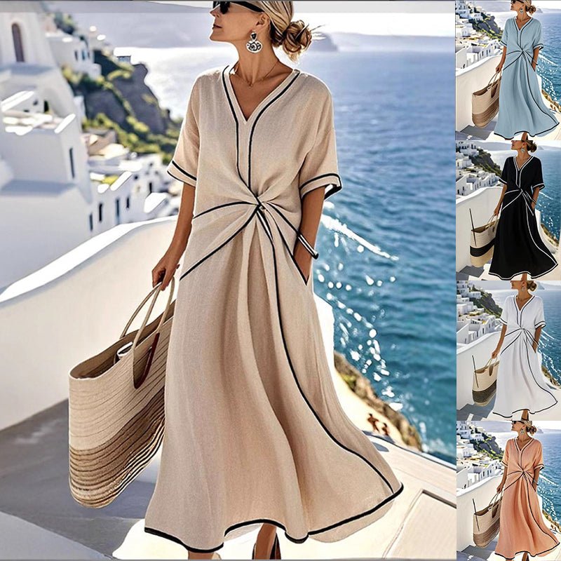 Summer Striped Print Dress Casual Beach Vacation Short - sleeved Maxi Dress Womens Clothing - Maison Elène
