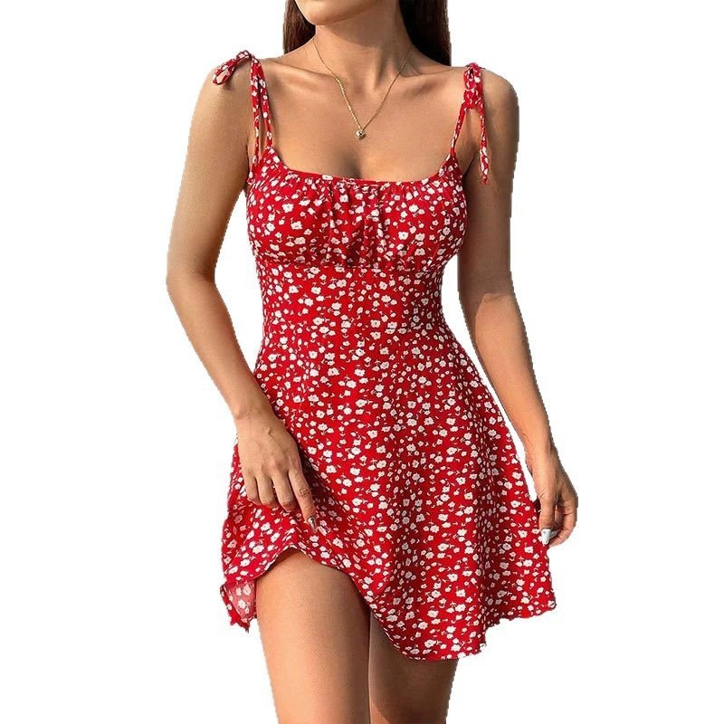 Floral Print Dress Summer Sweet A - Line Waist Trimming Dresses Women's Slimming Casual Clothing - Maison Elène
