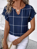 Plaid Print Notched Neck Blouse, Casual Short Sleeve Blouse For Spring & Summer, Women's Clothing - Maison Elène