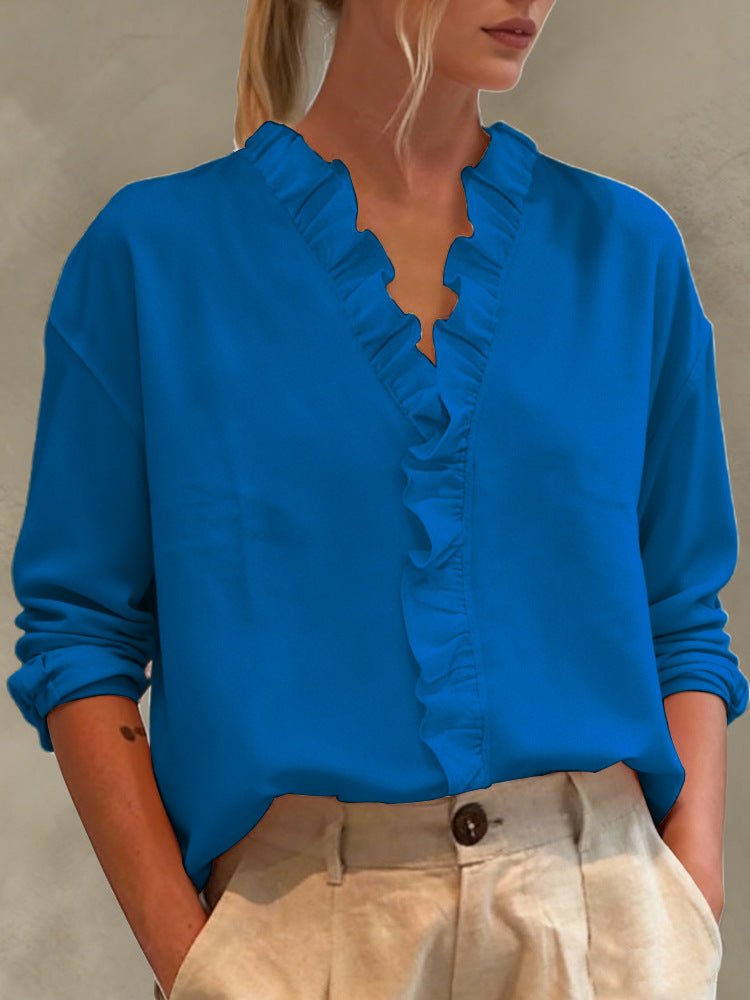 Womens Casual Long - sleeve V - neck Blouse With Lace Trim - Maison Elène