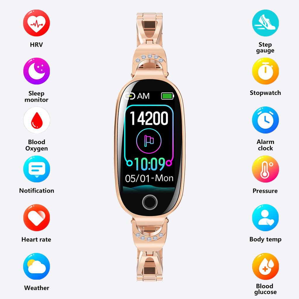 Gold Smartwatch For Women Compatible For Android& IOS,Bling Smart Bracelet With Female Menstrual Cycle Heart Rate Blood Pressure Remote Photography Waterproof Pedometer - Maison Elène