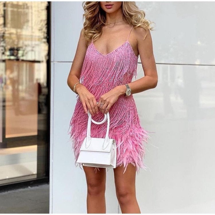 Sexy Tassel Sequins Feather Summer Mini Dress Women V Neck Spaghetti Strap Stitching Dresses Female Elegant Evening Party Club Dress - Maison Elène