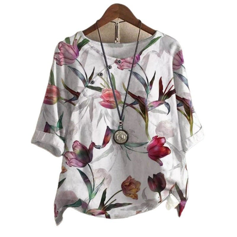Women's Fashionable Retro Printed Cotton And Linen Short - sleeved T-shirt - Maison Elène