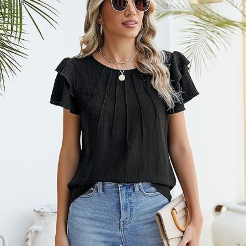 Summer Pleated Short Sleeve Round Neck Top Business Work Shirt - Maison Elène