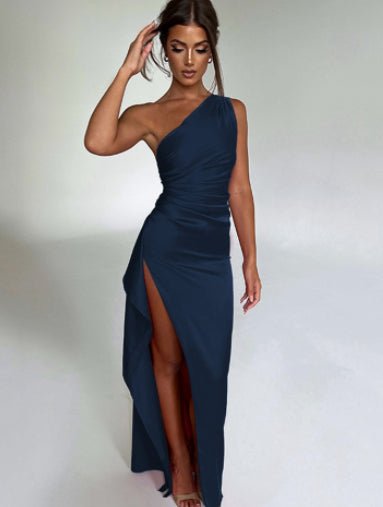 Sexy One - shoulder Backless Slit Dress Summer Elegant Slim - fit Solid Color Satin Dresses For Women - Maison Elène