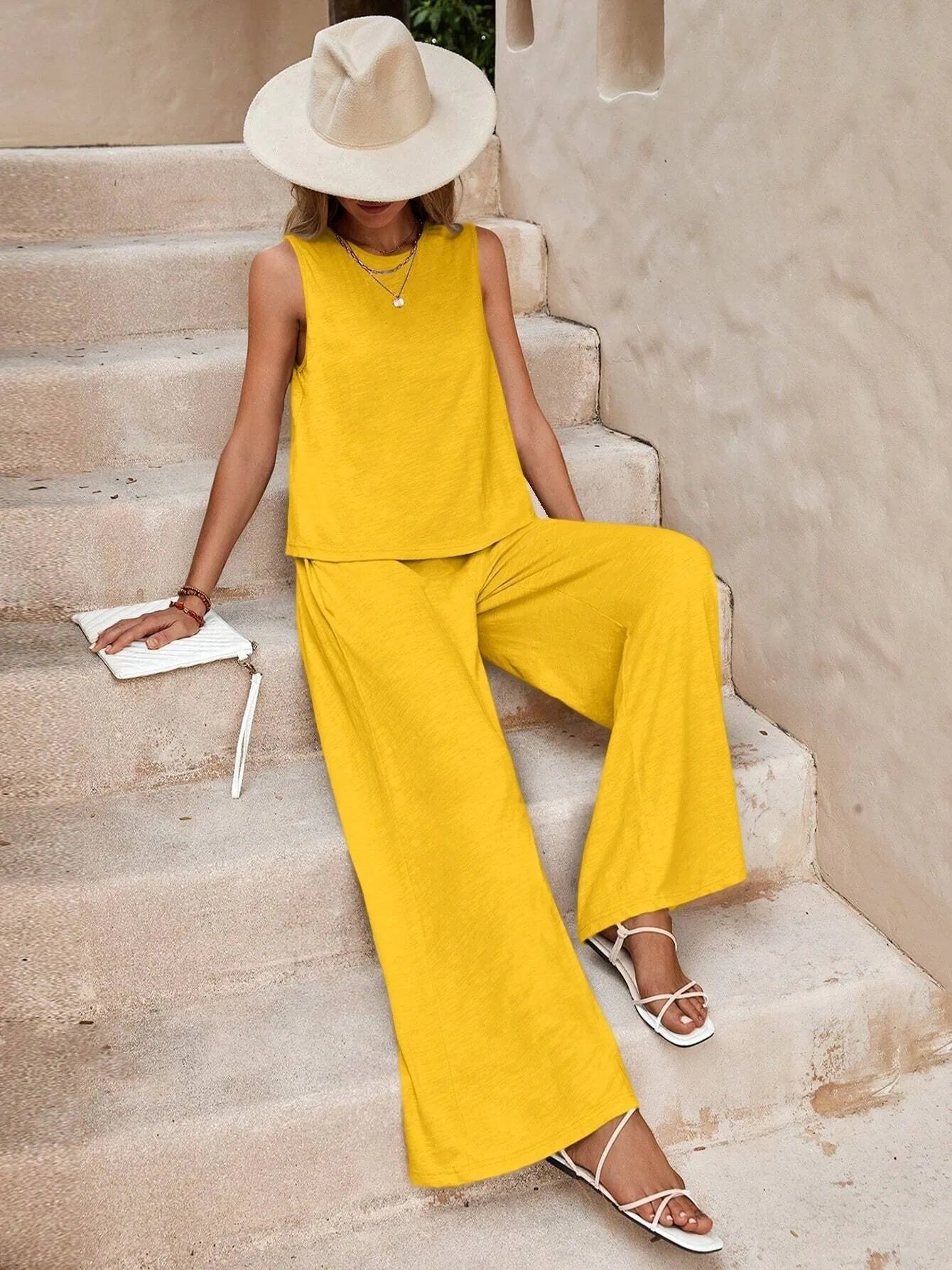 Solid Color Casual Loose Pants Sets For Women Elegant Spring Summer Women's Two Pieces Suit Full Trouser Set Female Outfit Clothes - GlucklichgoodsLLC