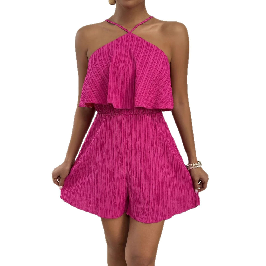 Crinkled Halter Neck Ruffled Jumpsuit Women's One Piece Summer Outfit With Flared Legs And Lightweight Breathable Design - GlucklichgoodsLLC