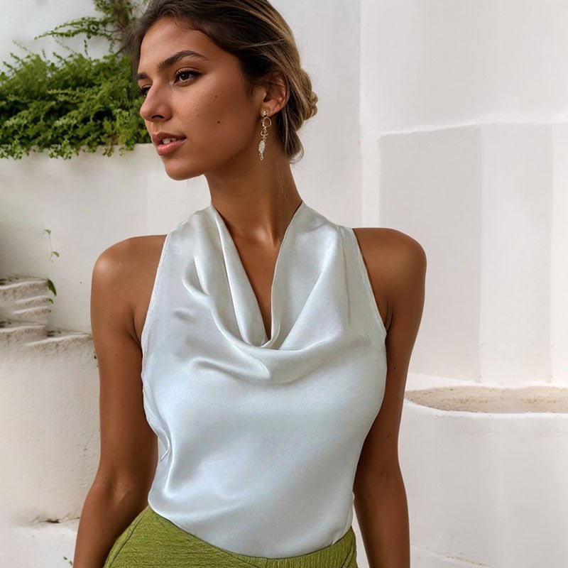 Women Solid Color Swing Collar Sleeveless Vest Trendy Elegant Shirt With Halter Neckline Backless Short Sleeve Tops Tshirts - Maison Elène