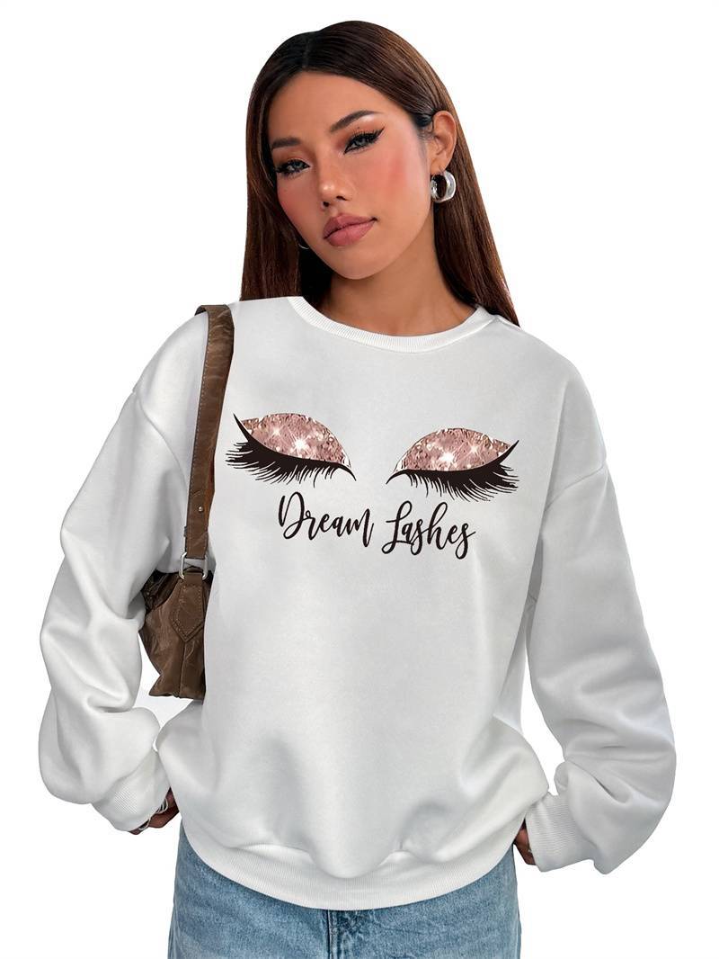 Women's Top Dream Lashes Sparkle Sweatshirt - Premium Oversized White Crewneck Graphic Pullover for Women only for US - Maison Elène