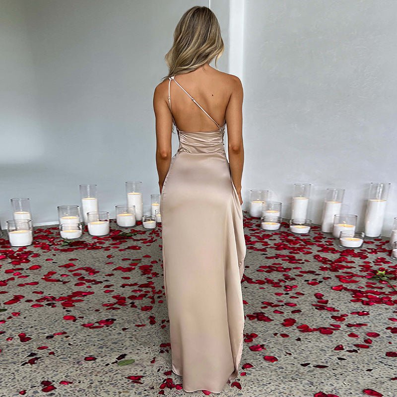 Sexy One - shoulder Backless Slit Dress Summer Elegant Slim - fit Solid Color Satin Dresses For Women - Maison Elène