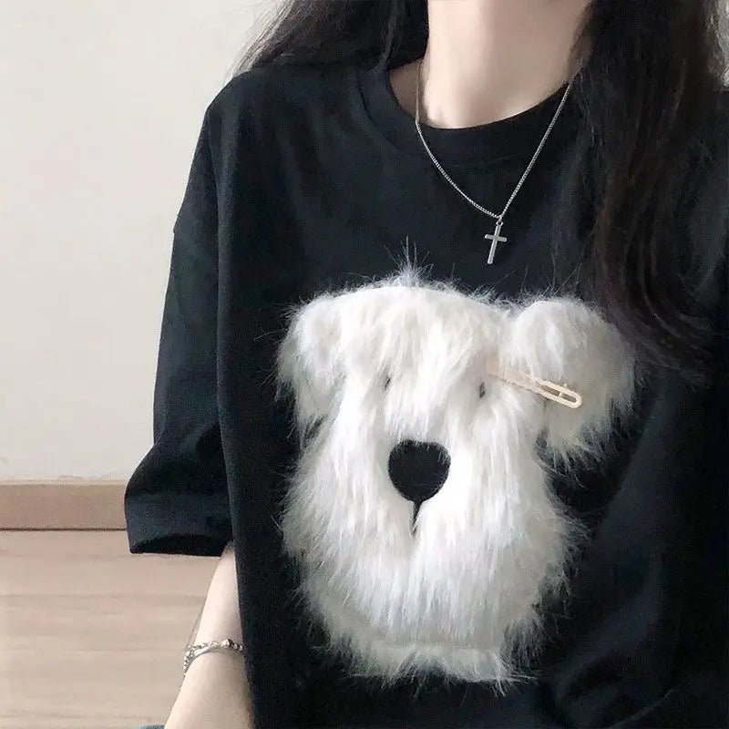 Cotton Plush Puppy Embroidered Short Sleeve - Maison Elène
