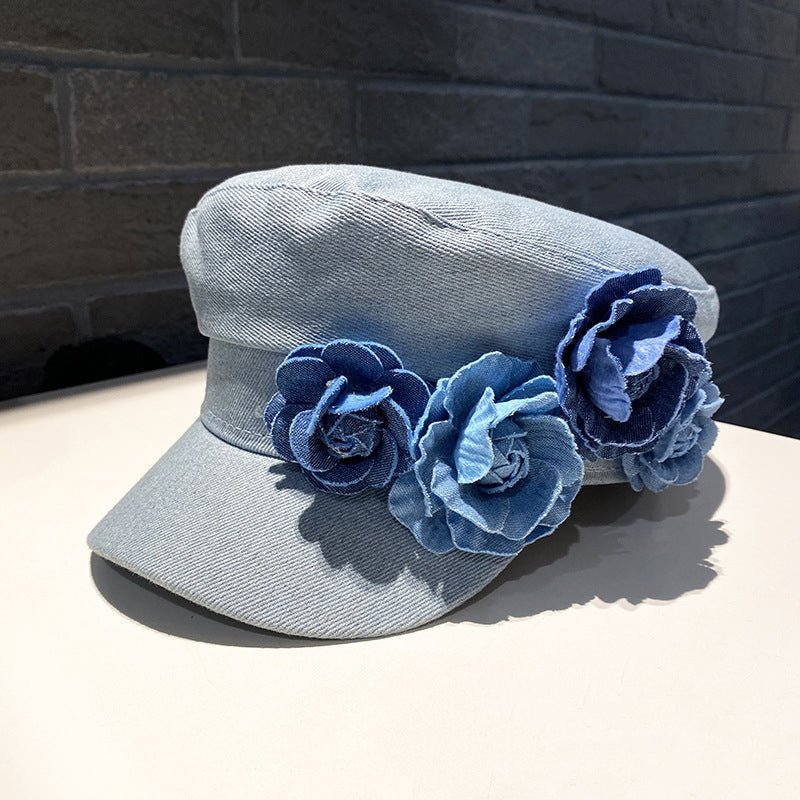 Denim Flat - top Cap Women's Three - dimensional Contrast Color Flowers - Maison Elène
