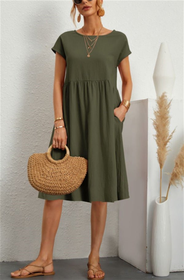 Summer Short - sleeved Dress With Pockets Fashion Solid Round Neck A - line Dresses For Women Clothing - Maison Elène