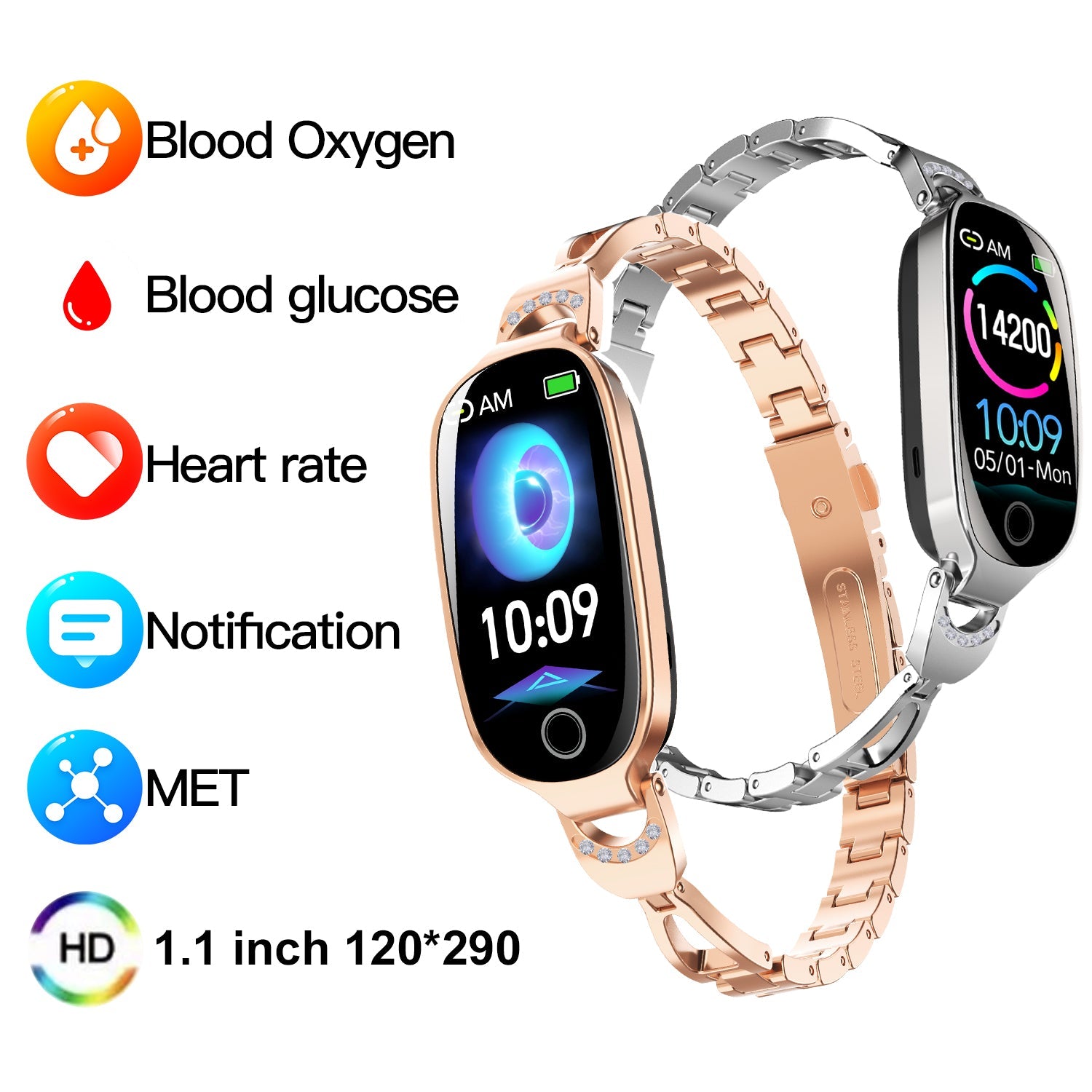 Gold Smartwatch For Women Compatible For Android& IOS,Bling Smart Bracelet With Female Menstrual Cycle Heart Rate Blood Pressure Remote Photography Waterproof Pedometer - Maison Elène