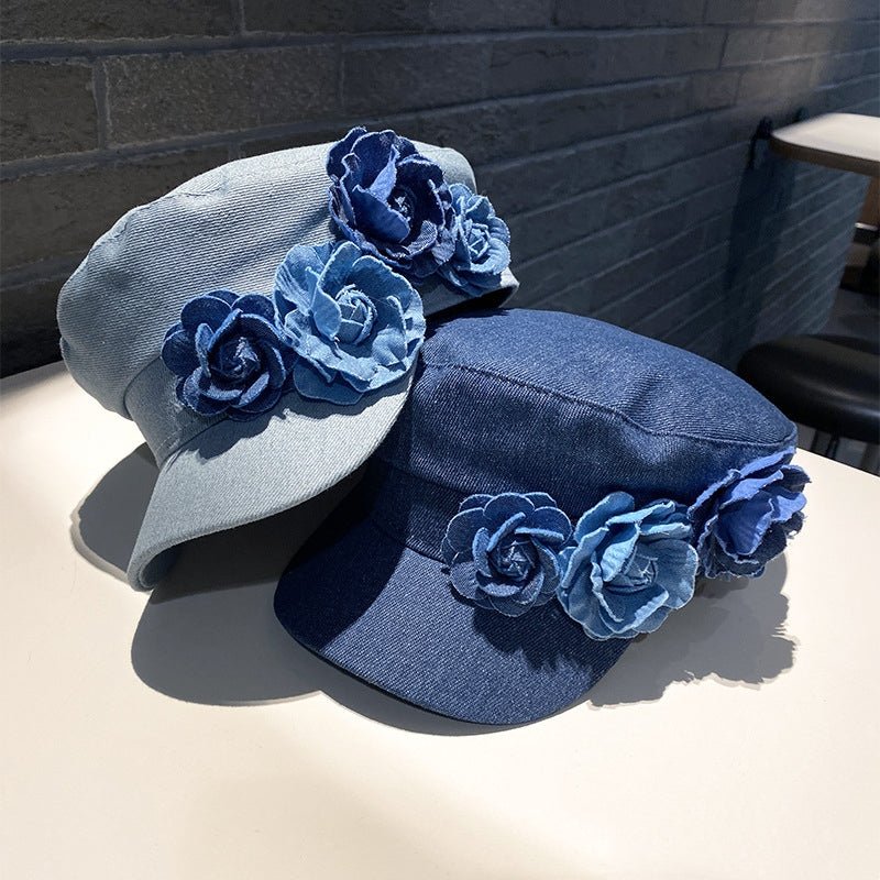 Denim Flat - top Cap Women's Three - dimensional Contrast Color Flowers - Maison Elène
