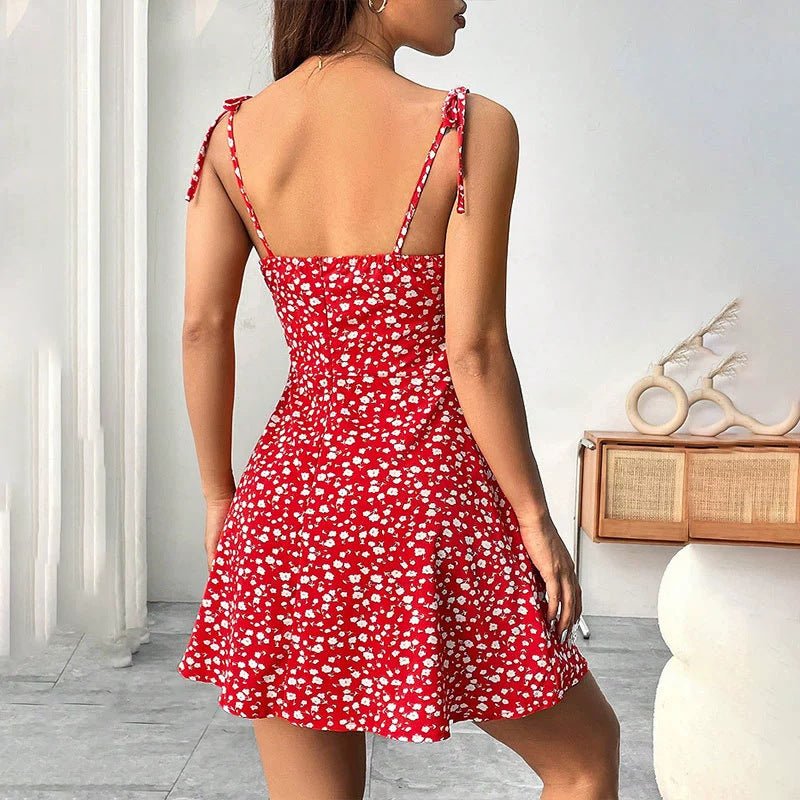 Floral Print Dress Summer Sweet A - Line Waist Trimming Dresses Women's Slimming Casual Clothing - Maison Elène