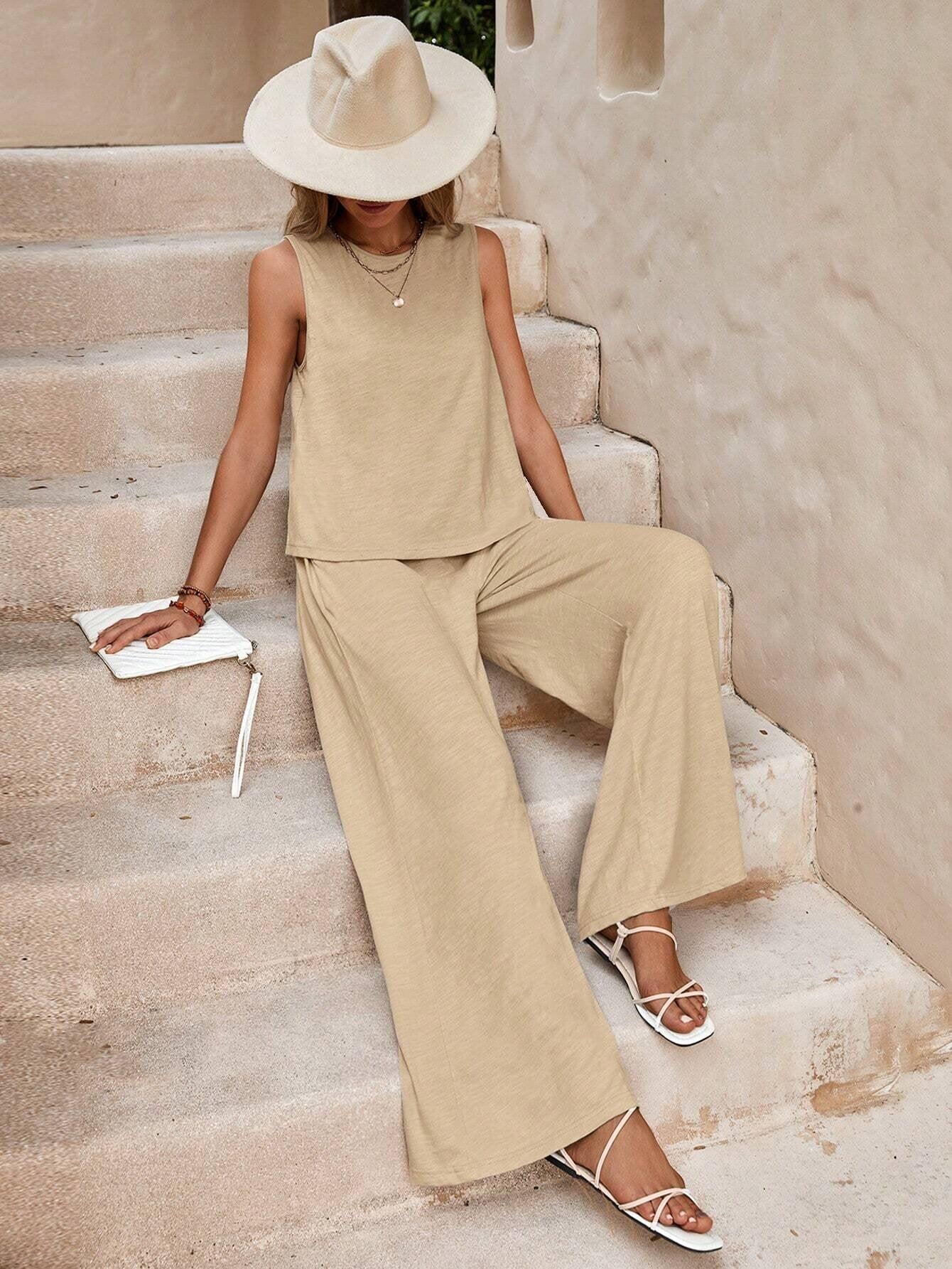 Solid Color Casual Loose Pants Sets For Women Elegant Spring Summer Women's Two Pieces Suit Full Trouser Set Female Outfit Clothes - Maison Elène