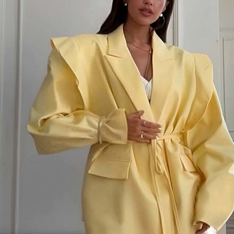 Thin Lace - up Loose Women’s High - Fashion Padded Shoulder Belted Blazer - Avant - Garde Long Sleeve Layered Jacket - Chic Waist - Tie Outerwear - Maison Elène