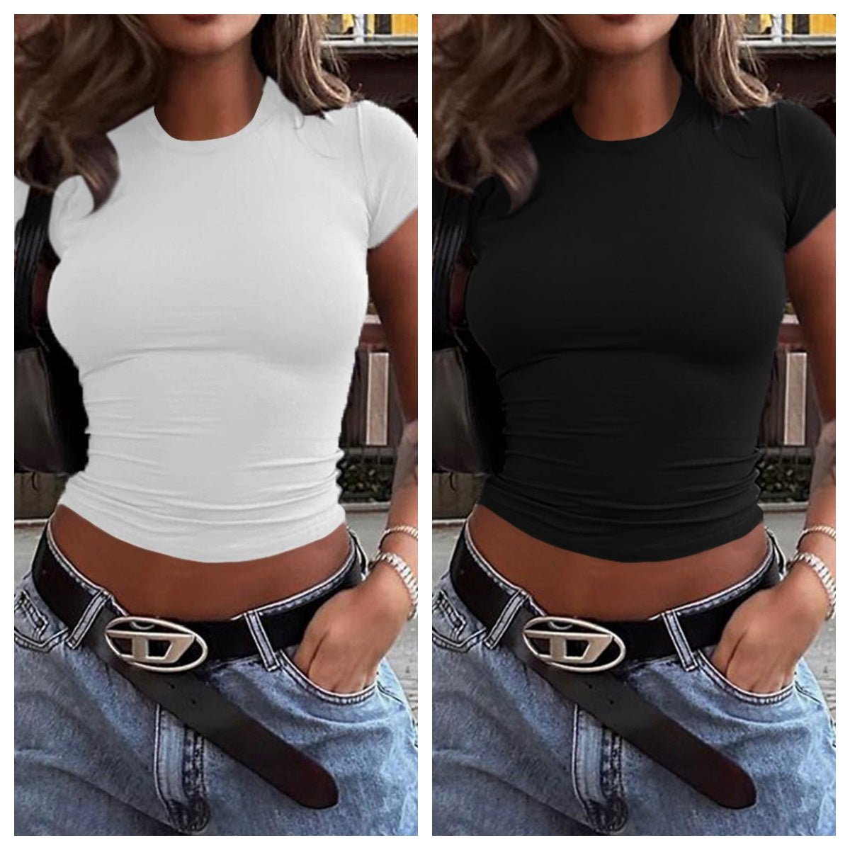 Spring And Summer Solid Color Top Waist Trimming Short Slim Fit Midriff - baring T-shirt - Maison Elène
