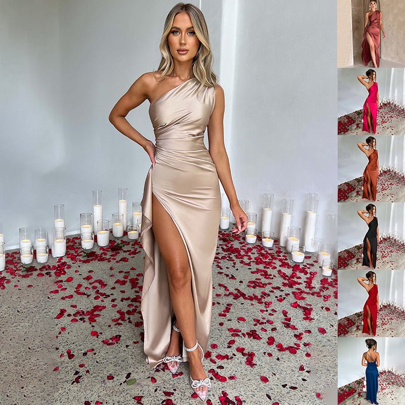 Sexy One - shoulder Backless Slit Dress Summer Elegant Slim - fit Solid Color Satin Dresses For Women - Maison Elène