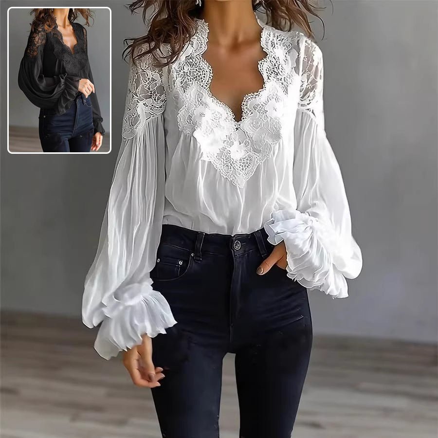 Ins Puff - sleeved Blouse Fashion Elegant Ruffle Pleated Long - sleeved Top Womens Clothing - Maison Elène