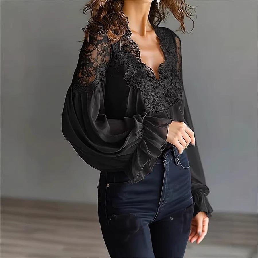 Ins Puff - sleeved Blouse Fashion Elegant Ruffle Pleated Long - sleeved Top Womens Clothing - Maison Elène