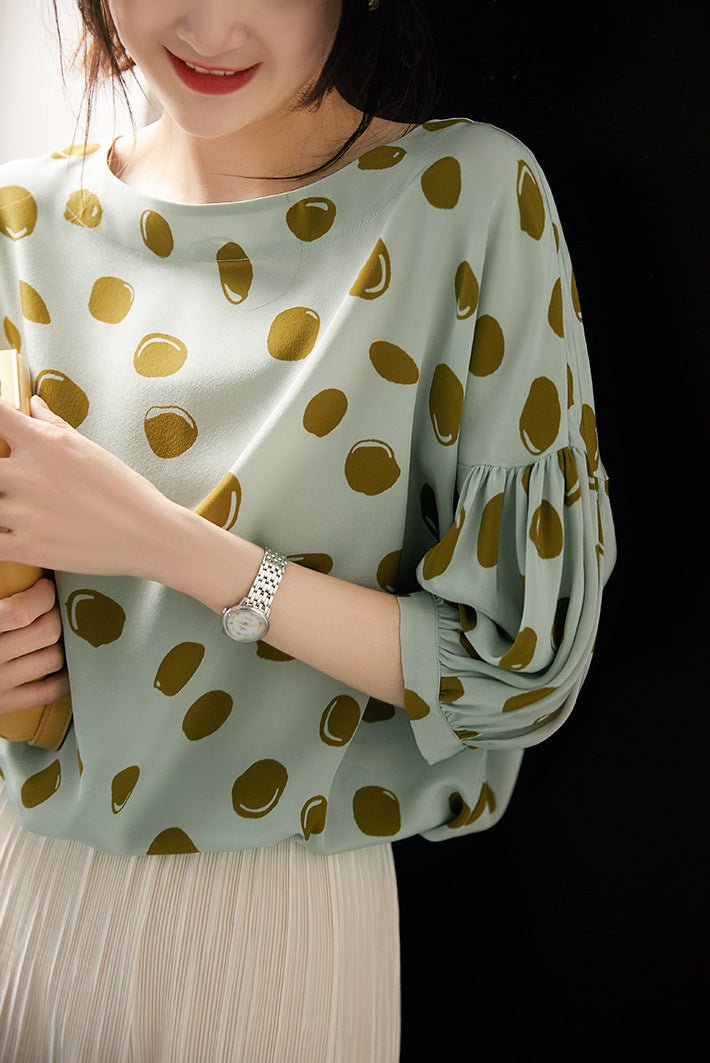 Elegant Retro Romantic Bubble Print Lantern Sleeve Shirt Top - Maison Elène