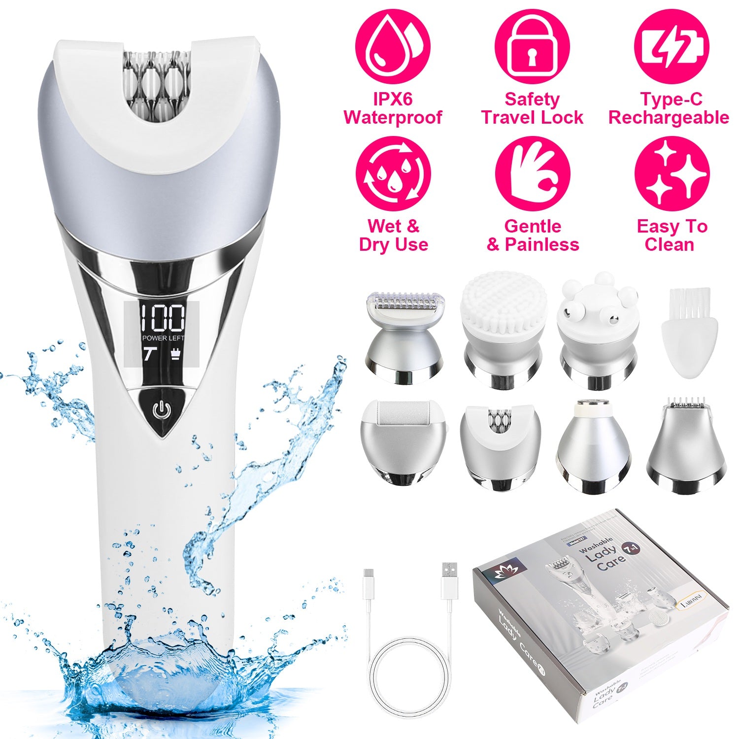 7 In 1 Electric Razor For Women Lady Hair Removal Epilators For Leg Face Arm Bikini Armpit Public Hairs IPX6 Wet And Dry Use Cordless Rechargeable Whole Body Trimmer And Shaver Kit - GlucklichgoodsLLC