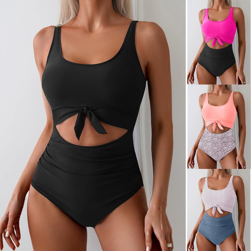 One - piece Female Stitching Contrast Color Strap Covered Belly Swimsuit - Maison Elène