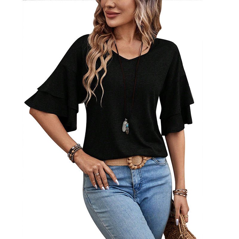 Loose V - neck Ruffle Sleeve T-shirt Fashion Solid Mid - sleeve Tops Women's Clothing - Maison Elène
