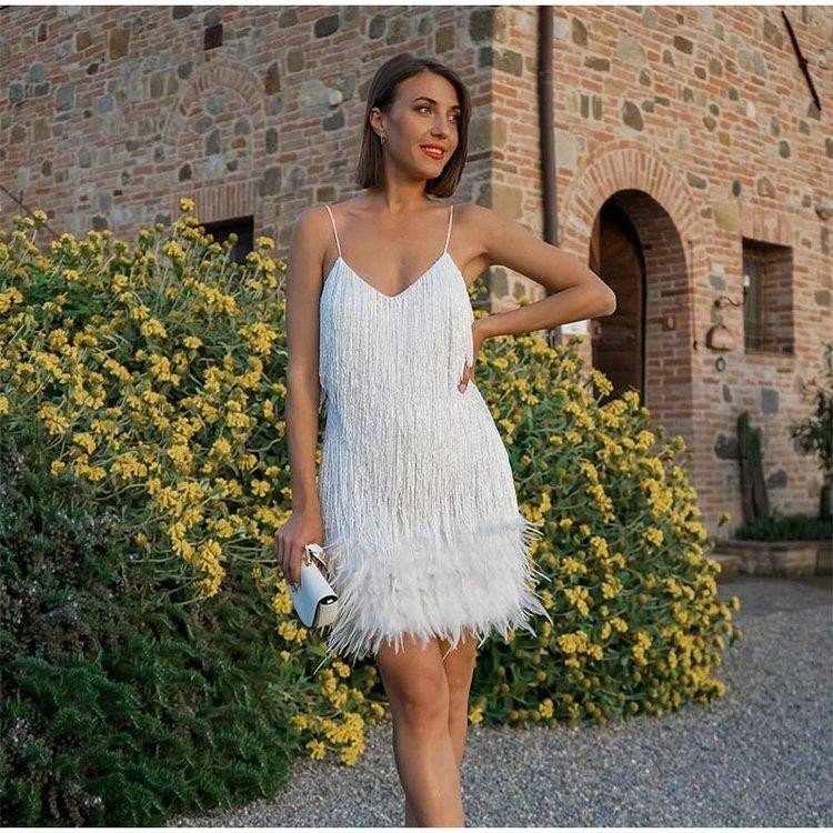 Sexy Tassel Sequins Feather Summer Mini Dress Women V Neck Spaghetti Strap Stitching Dresses Female Elegant Evening Party Club Dress - Maison Elène